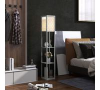 HOMCOM Floor Lamp with Shelves, Modern Tall Standing Lamps with Fabric Lampshade, Chain Switch and Single Light for Living Room, Bedroom, Bulb not Included, Light Grey