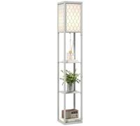 HOMCOM Modern Floor Lamp Light with Shelves Fabric Lampshade Light Grey
