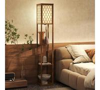Homcom Modern Floor Lamp Light With 3 Shelves Fabric Lampshade, Rustic Brown, Brown