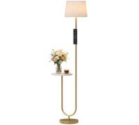 HOMCOM Modern Floor Lamp with Shelf, Dimmable Floor Lamp, Gold Tone | Linen Shade, RF Remote and Foot Switch for Living Room, Study, Bedroom