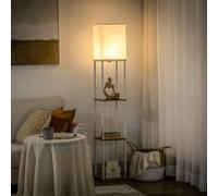 HOMCOM Modern Floor Lamp with Shelves - 3 Layer Shelf Tall Standing Lamp with Fabric Lampshade - Pull Chain Switch for Living Room - Bedroom - (Bulb n