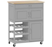 HOMCOM Modern Kitchen Trolley, Rolling Island Storage Cart with Drawer, 9-bottle Wine Rack, Door Cabinets, Wooden Countertop, Grey