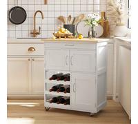 HOMCOM Modern Kitchen Trolley, Rolling Island Storage Cart with Drawer, 9-bottle Wine Rack, Door Cabinets, Wooden Countertop, White White