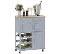 HOMCOM Modern Kitchen Trolley Rolling Island Storage Cart with Drawer Grey | 9-Bottle Wine Rack, Door Cabinets, Wooden Countertop, for Kitchen, Dining Room, Entertaining, Living Room