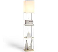 HOMCOM Modern Floor Lamp with Shelves and Fabric Lampshade for Living Room