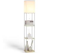 HOMCOM Modern Floor Lamp with Shelves and Fabric Lampshade for Living Room