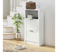 HOMCOM Modern Shoe Cabinet with 2 Flip Drawers and Adjustable Shelves, Narrow Shoe Storage Cabinet with Open Compartment, Holds 10 Pairs for Entryway, Hallway, White