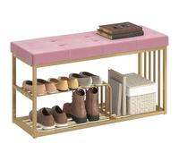 HOMCOM Modern Shoe Storage Bench with Velvet Seat Cushion, Upholstered Tufted Shoe Rack Bench with Storage Shelves and Gold Tone Steel Frame for Entryway, Hallway, Living Room, Bedroom, Pink