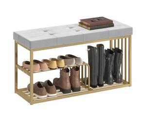 HOMCOM Modern Shoe Storage Bench with Velvet Seat Cushion, Upholstered Tufted Shoe Rack Bench with Storage Shelves and Gold Tone Steel Frame for Entryway, Hallway, Living Room, Bedroom, Grey