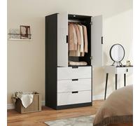 HOMCOM Modern Wardrobe White Wardrobe with 3 Drawer and Hanging Rod - Black, High Gloss White