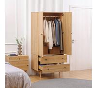 HOMCOM Modern Wardrobe with 2 Drawers Hanging Rail Clothes Organizer in Light Brown HOMCOM Light Brown