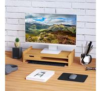 Homcom Monitor Riser Laptop Pc Plinth Stand Tv Computer Desktop Organiser With Drawer Bamboo
