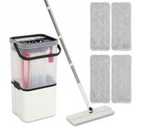 HOMCOM Mop and Bucket Set, Compact Flat Mop and Bucket with Wringer, White | 2-Port Design, 5 Reusable Microfiber Pads, 360° Rotating Head, Wet Dry Use, for Floor Cleaning, Hardwood, Tile, Laminate