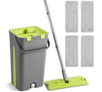 HOMCOM Mop and Bucket Set, Compact Flat Mop System, Dark Grey and Green | with Wringer, 2 Chambers, 5 Reusable Microfiber Pads, 360° Rotating Head, Wet Dry Use, for Floor Cleaning, Hardwood