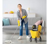HOMCOM Mop Bucket with Wringer on Wheels for Floor Cleaning 20 Litre Yellow - 45W x 31D x 90H cm - Yellow - Mop Bucket with Wringer