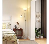 HOMCOM LED Floor Lamp for Living Room, 180cm Tall Standing Lamp, Mother and Child Uplighter with Adjustable Gooseneck, Silver Tone