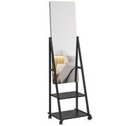 HOMCOM Rolling Full Length Mirror With Adjustable Angle, Shelves, Black