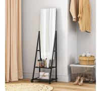 HOMCOM Free Standing Full Length Mirror - Rolling Full Body Mirror with Adjustable Angle - 2 Storage Shelves and 4 Wheels for Bedroom - Living Room -