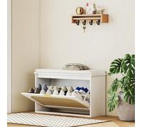 HOMCOM Single Flip Down Drawer White Boho Rattan Shoe Rack Bench
