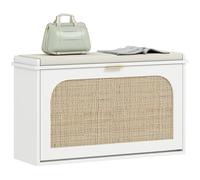 HOMCOM Narrow Shoe Bench with Padded Seat and Flip-Drawer, Boho Shoe Storage Bench with Rattan Door and Adjustable Shelf for Hallway, Entryway, Holds 8 Pairs, White