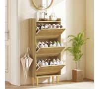 HOMCOM Narrow Shoe Cabinet, Shoe Storage Cabinet with Flip Drawers, Oak - 3 Flip Drawers