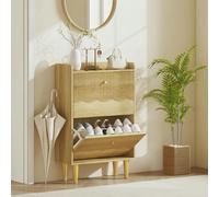 HOMCOM Narrow Shoe Cabinet, Shoe Storage Cabinet with Flip Drawers, Oak - 2 Flip Drawers