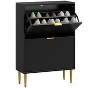 HOMCOM Narrow Shoe Cabinet with 2 Flip Drawers, Modern Slim Shoe Storage Cabinet with Fluted Doors and Adjustable Shelves for Hallway, Holds 12 Pairs, Black