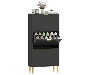 HOMCOM Narrow Shoe Cabinet with 3 Flip Drawers, Modern Slim Shoe Storage Cabinet with Fluted Doors and Adjustable Shelves for Hallway, Holds 9-18 Pairs, Black