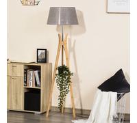 HOMCOM Natural Wood Tripod Floor Lamp Light E27 Base Bedroom Living Room Fabric Shade Storage Shelf Foot Switch, 156cm, Grey Grey