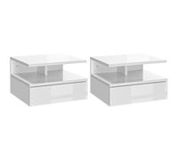 HOMCOM Set of Two Floating Wall-Mounted Bedside Tables with Drawer and Shelf - High Gloss White, White