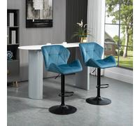 Set Of 2 Luxurious Velvet-Touch Bar Stools w/ Metal Frame Footrest Base Blue