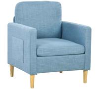 HOMCOM One Seater Sofa for Living Room, Modern Fabric Armchair with Wood Legs and 2 Pockets, Accent Chair for Bedroom and Home Office Blue