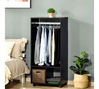 HOMCOM Open Wardrobe 831-208BK Black - 128x60x40 cm: Open Clothes Rail, Aluminium Hanging Rod, 2 Shelves, 4 Wheels (2 Lockable), Particle Board