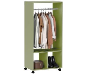 HOMCOM Open Wardrobe on Wheels, Bedroom Wardrobe with Clothes Hanging Rail, 2 Storage Shelves, Mobile Garment Rack for Cloakroom, Hallway, Green