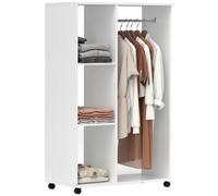 HOMCOM Open Wardrobe on Wheels, Bedroom Wardrobe with Clothes Hanging Rail, 3 Storage Shelves, Mobile Garment Rack for Cloakroom, Hallway, White White