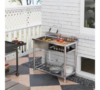 HOMCOM Outdoor Kitchen Sink Unit with Cold and Hot Water Pipe, Silver
