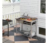 HOMCOM Outdoor Kitchen Sink Unit with Cold and Hot Water Pipe - Silver - Stainless Steel - 100W x 51.5D x 100Hcm