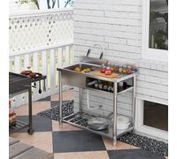 Homcom Outdoor Stainless Steel Sink Single Bowl With Cold And Hot Water Pipe And Storage Shelf In Silver Silver