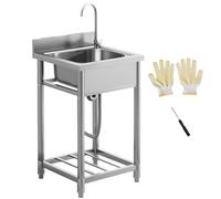 HOMCOM Outdoor Utility Sink, Stainless Steel Free Standing Single Bowl Kitchen Sink with Cold and Hot Water Pipe and Storage Shelf for Laundry Garage, 55 x 50 x 100 cm