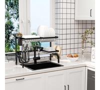HOMCOM Large Dish Drainer Rack Over The Sink, 2 Tier Adjustable Dish Drainer 51-93cm, Space Saving Kitchen Counter Shelf Organiser, Black