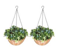 HOMCOM Pack of 2 Faux Plant Artificial Lisianthus Flowers, Hanging Planters with Basket, PE Leaves, 18 Flowers and 3 Pinecones, Decorative Faux Plants for Home Office Decor, Green