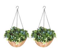 HOMCOM Pack of 2 Faux Plant Artificial Lisianthus Flowers with 18 Blooms and 3 Pinecones, Hanging Planters with Basket, PE Leaves, Decorative Fake Plants for Home Office Decor, Green