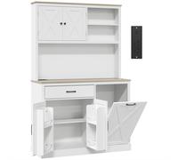 HOMCOM Pantry Cabinet with Charging Station, Microwave Stand, Rubbish Bin Cabinet, Adjustable Shelves, Barn Style Doors, White