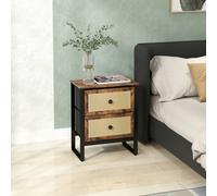 HOMCOM Bedside Table With 2 Rattan Drawers And Steel Legs - Rustic Brown | TJ Hughes