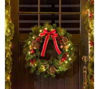 HOMCOM 60cm Pre-Lit Artificial Christmas Door Wreath Holly Pine Cones | LED Decor, Hanging, Glittered, Festival Indoor Decoration