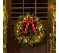 HOMCOM Pre-Lit Artificial Christmas Door Wreath Holly Garland Decor 20 LED - 60cm