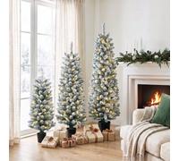 Homcom Prelit Snowy Flocked Artificial Christmas Tree Set Of 3, 3Ft/4Ft/5Ft