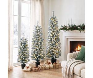 Homcom Prelit Snowy Flocked Artificial Christmas Tree Set Of 3, 3Ft/4Ft/5Ft