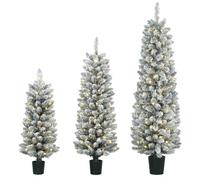 HOMCOM Prelit Snowy Flocked Artificial Christmas Tree Set of 3, 3FT+4FT+5FT | Slim Xmas Tree with PVC Tips, Warm White LED Lights, 8 Modes, Space Saving Pencil Xmas Decoration Tree