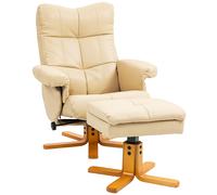 HOMCOM PU Leather Swivel Recliner Chair with Footstool, Wooden Base and Storage for Living Room, Beige